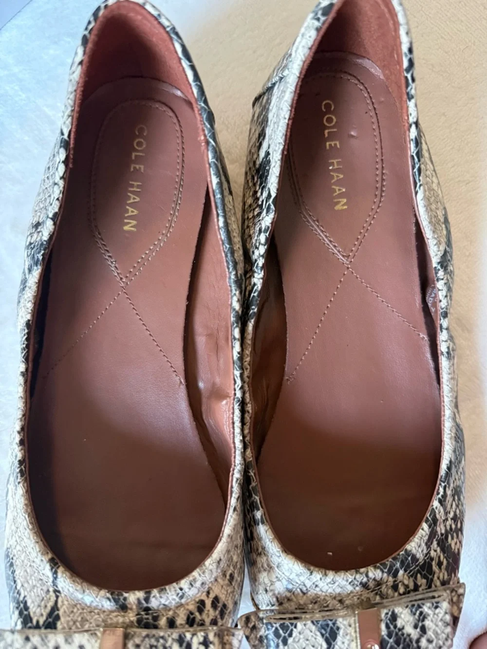 Cole Haan Ballet Flats Bow Detail Snake Print in Black and Cream 7.5